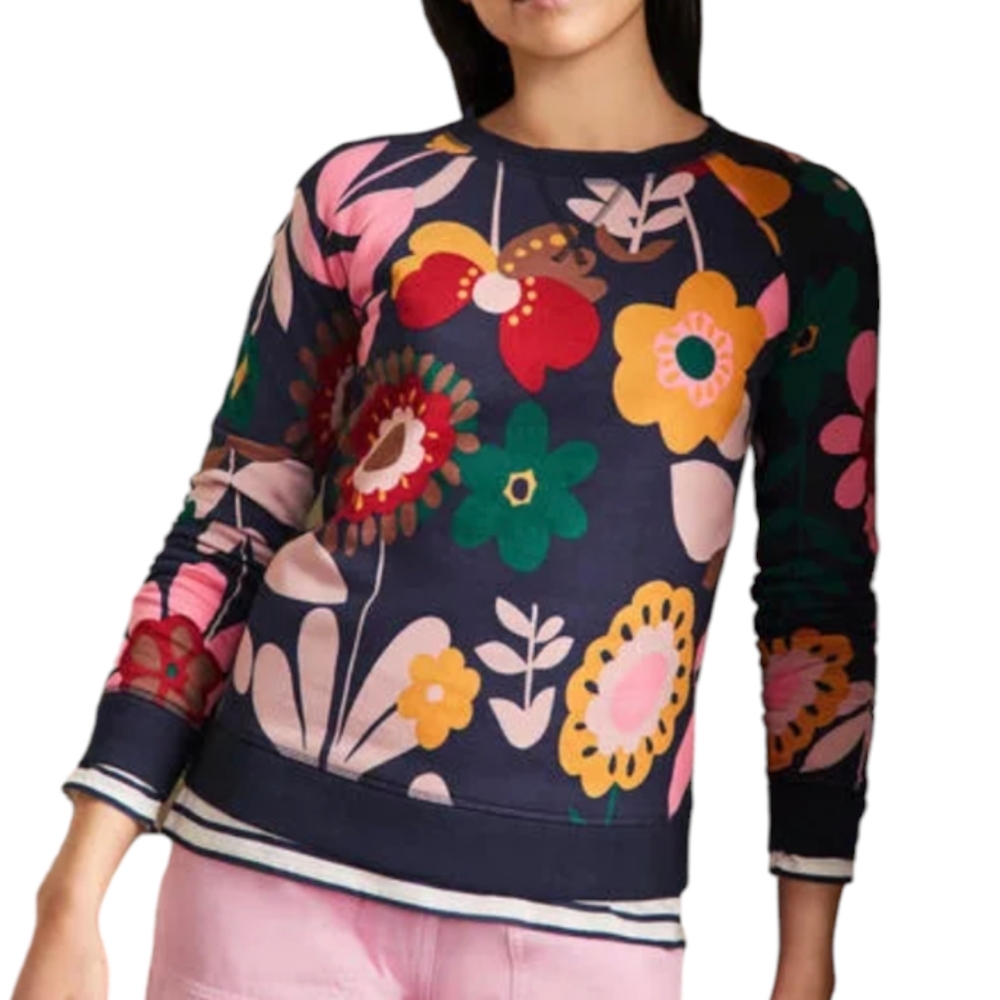 Boden Bold Bright Big Retro Floral Print Navy Crew Neck Sweatshirt Small